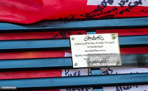 General view of the plaque as a memorial bench for the late Rik Mayall is unveiled on November 14, 2014 in London, England.