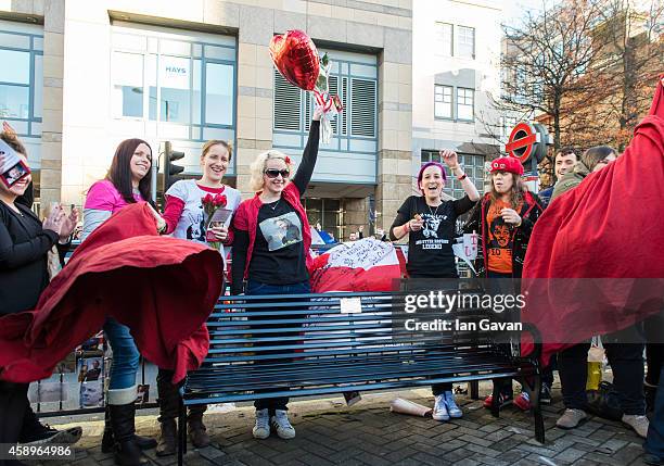 Memorial bench for the late Rik Mayall is unveiled on November 14, 2014 in London, England.