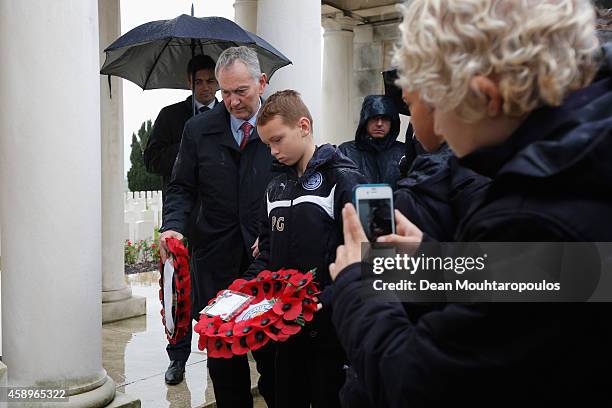 Premier League Chief Executive, Richard Scudamore and a member of the Leicester City F.C. U12 Team lay a wreath as part of the WW1 Commemorations at...
