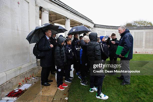 Premier League Chief Executive, Richard Scudamore and the Leicester City F.C. U12 Team listen to the tour guide as part of the WW1 Commemorations at...