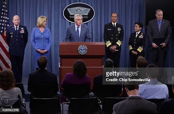 Defense Secretary Chuck Hagel announces a series of reforms to the troubled nuclear force during a press briefing with Air Force Global Strike...
