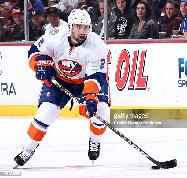 Nick Leddy of the New York Islanders handles the puck against the Anaheim Ducks on November 5, 2014 at Honda Center in Anaheim, California.