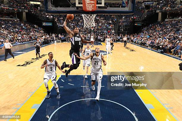 Rudy Gay of the Sacramento Kings drives to the basket against the Memphis Grizzlies on November 13, 2014 at FedExForum in Memphis, Tennessee. NOTE TO...