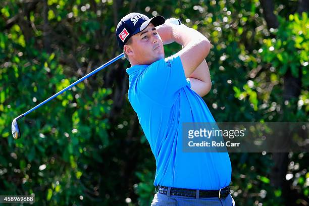 Michael Putnam of the United States hits a tee shot on the 17th hole during the second round of the OHL Classic at Mayakoba on November 14, 2014 in...