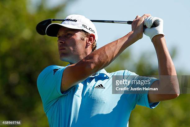 Shawn Stefani of the United States hits a tee shot on the 6th hole during the second round of the OHL Classic at Mayakoba on November 14, 2014 in...