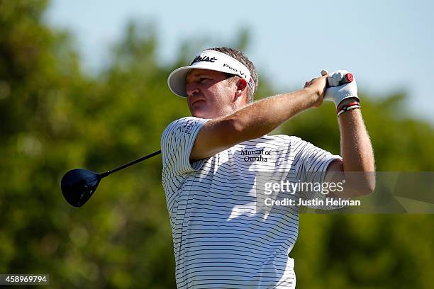 Jason Bohn of the United States hits a tee shot on the 6th hole during the second round of the OHL Classic at Mayakoba on November 14, 2014 in Playa...