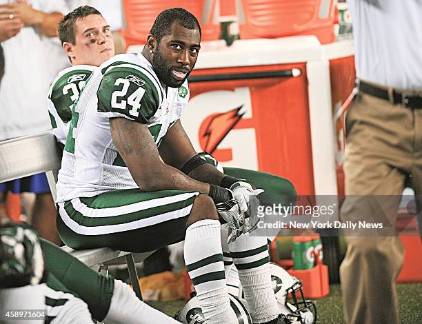 New York Jets cornerback Darrelle Revis is dejected after losing 30-21 to the New England Patriots at Gillet Stadium.