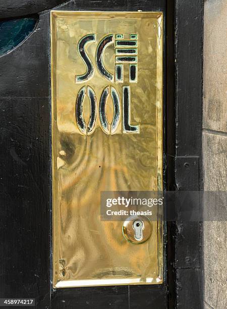 glasgow school of art brass door plate - glasgow school of art mackintosh stock pictures, royalty-free photos & images