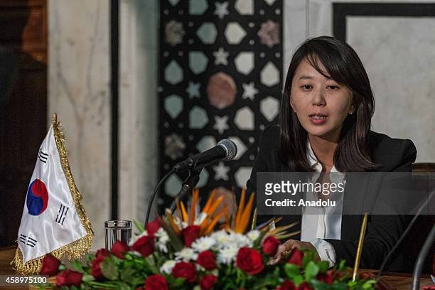 The representative of Korea International Cooperation Agency Lyon Cehun speaks to press during the signing ceremony of $5 million grant, given by...