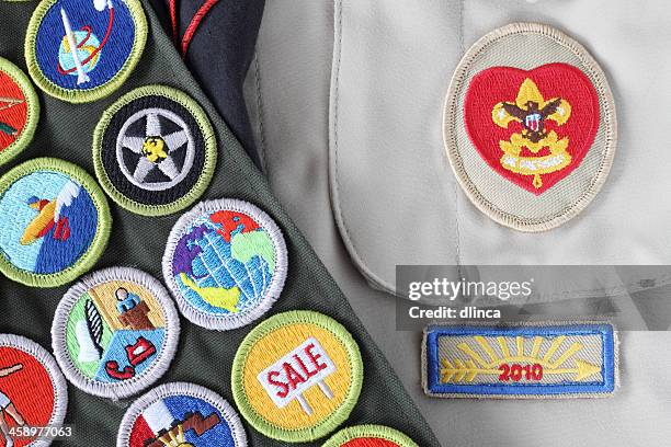 boy scout shirt, rank badge, merit badges, arrow of light - cub scout stock pictures, royalty-free photos & images