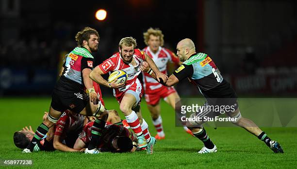 Gloucester scrum half Dan Robson is tackled by George Robson as he makes a break during the Aviva Premiership match between Gloucester Rugby and...