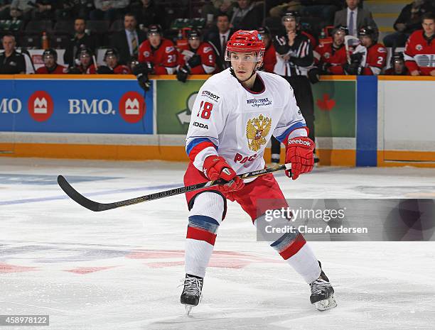 Vladimir Bryukvin of Team Russia skates against Team OHL during the 2014 Subway Super Series at the Peterborough Memorial Centre on November 13, 2014...