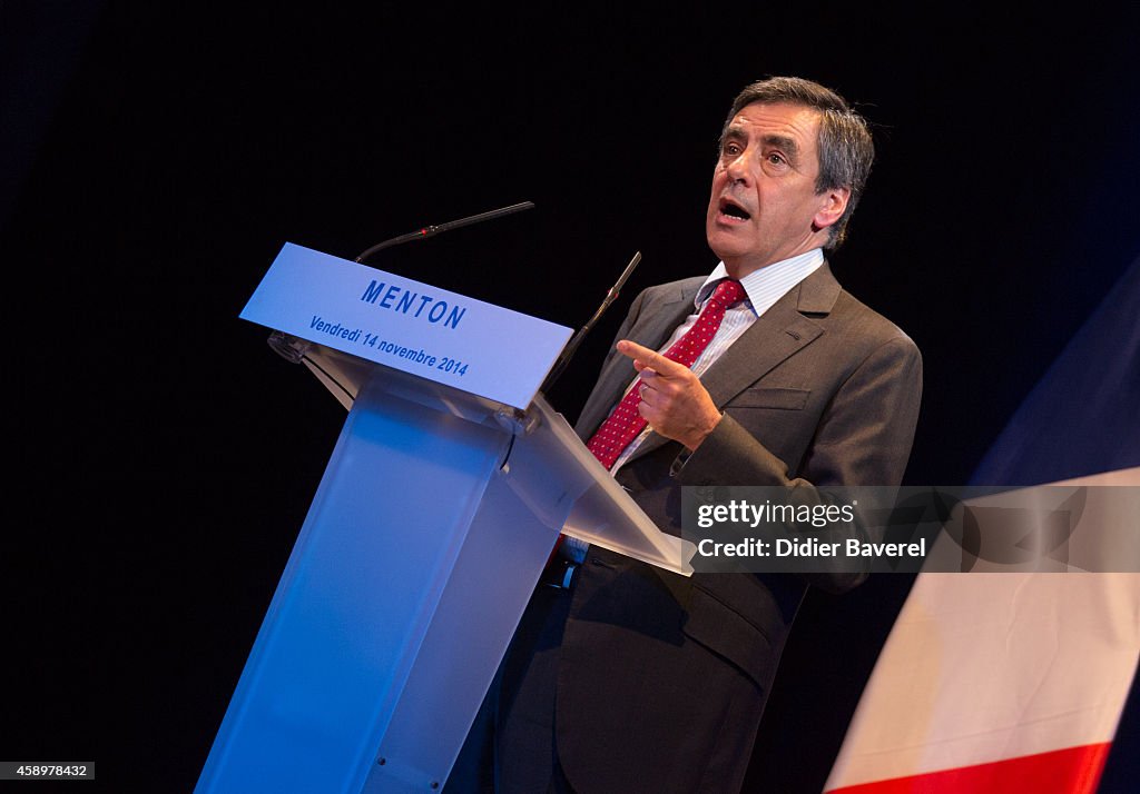 Francois Fillon Holds A Meeting At Palais De L'Europe in Menton