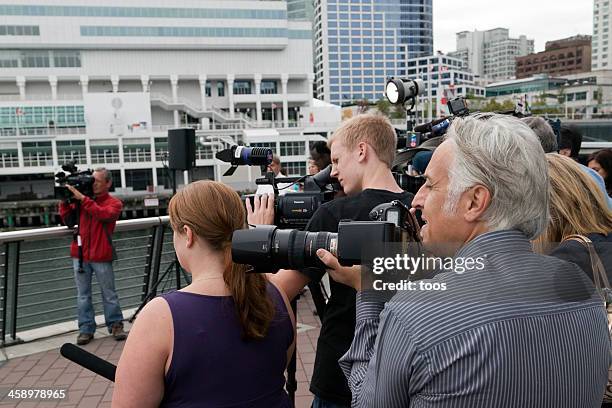 assembled press photographers at canada place, vancouver - press conference bildbanksfoton och bilder