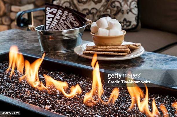 s'more ingredients next to open flame - hershey stock pictures, royalty-free photos & images