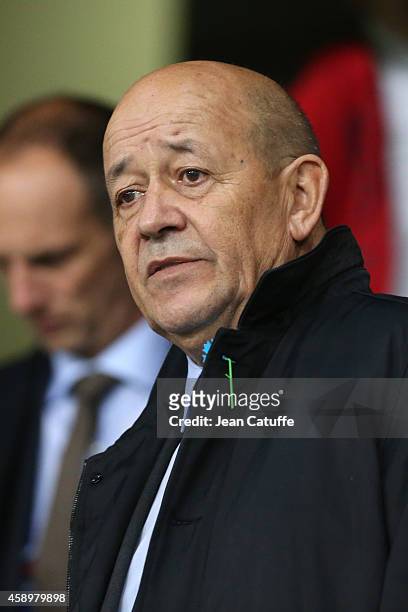 French Minister of Defense Jean-Yves Le Drian attends the international friendly match between France and Albania at Stade de la Route de Lorient...