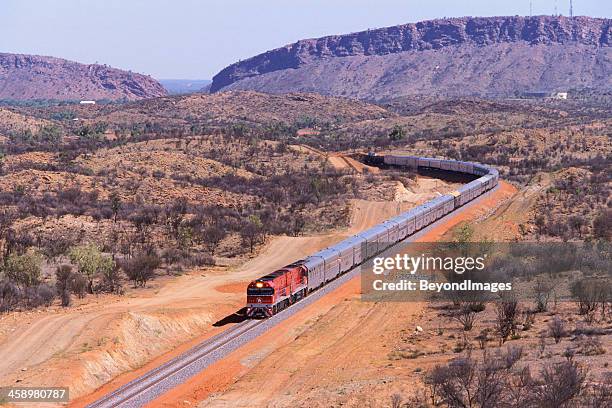 the first ghan train to darwin departs alice springs - darwin stockfoto's en -beelden