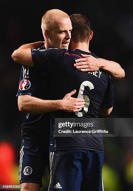 Steven Naismith and Shaun Maloney of Scotland celebrate victory after the EURO 2016 Group D Qualifier match between Scotland and Republic of Ireland...