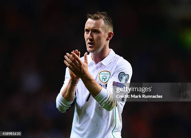 Defeated Aiden McGeady of the Republic of Ireland applauds the crowd after the EURO 2016 Group D Qualifier match between Scotland and Republic of...