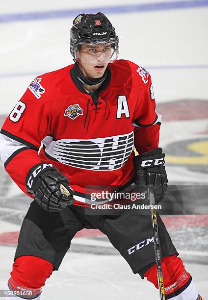 Roland McKeown of Team OHL skates against Team Russia during the 2014 Subway Super Series at the Peterborough Memorial Centre on November 13, 2014 in...