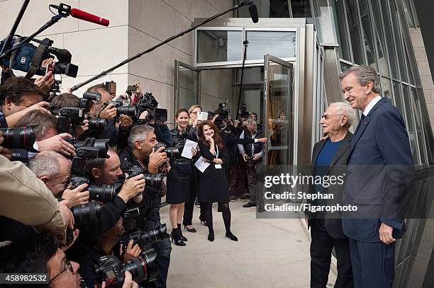 Chairman and CEO of LVMH, Bernard Arnault and architect Frank Gehry are photographed for Le Figaro Magazine on October 17, 2014 in Paris, France. At...