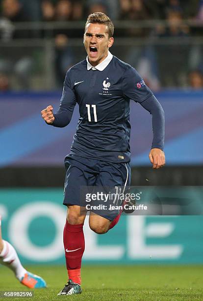 Antoine Griezmann of France celebrates his goal during the international friendly match between France and Albania at Stade de la Route de Lorient...