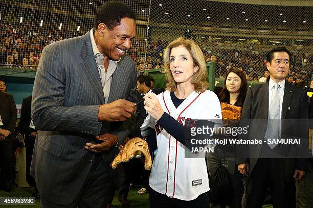 Ambassador to Japan Caroline Kennedy and Hall of Famer Dave Winfield stand on the field during game two of Samurai Japan and MLB All-Stars at Tokyo...