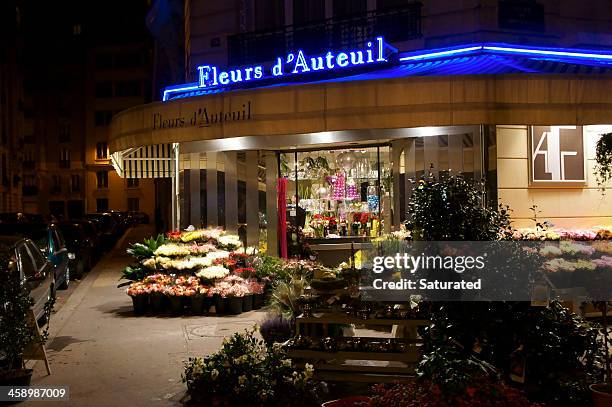 flower store in paris at night - christmas illuminations 2012 in paris stock pictures, royalty-free photos & images