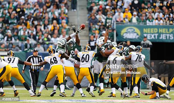 Shaun Suisham of the Pittsburgh Steelers in action against the New York Jets on November 9, 2014 at MetLife Stadium in East Rutherford, New Jersey....