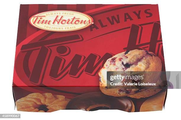 box of tim hortons donuts - tim hortons stock pictures, royalty-free photos & images