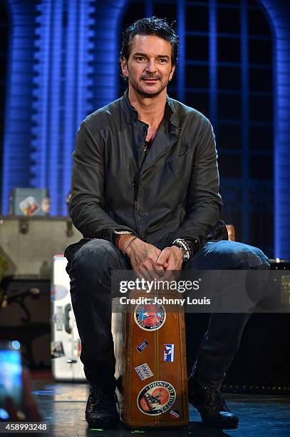 Ricardo Arjona speaks during his press conference promoting his Viaje Tour and preview it's production elements at American Airlines Arena on...