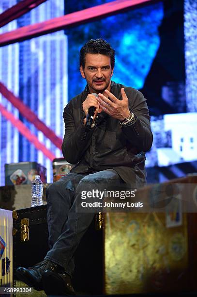 Ricardo Arjona speaks during his press conference promoting his Viaje Tour and preview it's production elements at American Airlines Arena on...