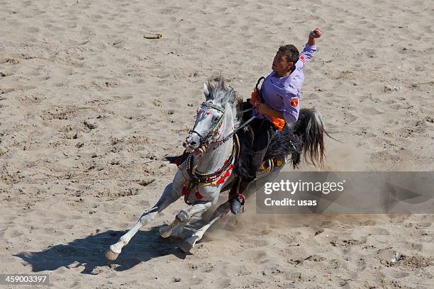 cirit player's man riding white horse - upperdeck view stock pictures, royalty-free photos & images