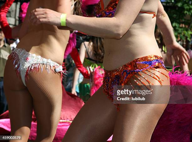 samba girls with colorful decorated costumes in copenhagen, denmark - fiesta posterior stock pictures, royalty-free photos & images