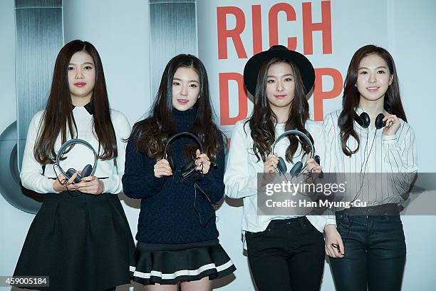 Joy, Irene, Seulgi and Wendy of girl group Red Velvet pose for photographs at the launch event for new products of "SHURE" on November 14, 2014 in...