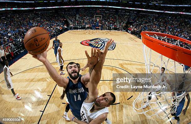 Nikola Pekovic of the Minnesota Timberwolves takes a shot against the New Orleans Pelicans on November 14, 2014 at the Smoothie King Center in New...