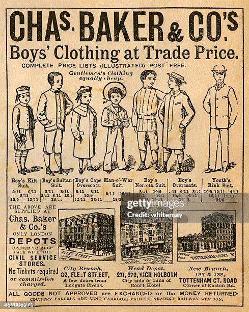 ilustrações de stock, clip art, desenhos animados e ícones de victorian, de loja de roupa publicidade, 1881 - paper england