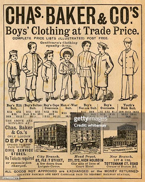 victorian boys' clothing shop advertisement, 1881 - newspapers uk stock illustrations