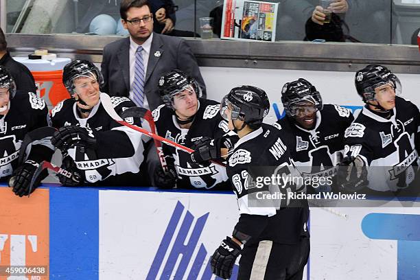 Danick Martel of the Blainville-Boisbriand Armada celebrates his first period goal with teammates during the QMJHL game against the Sherbrooke...