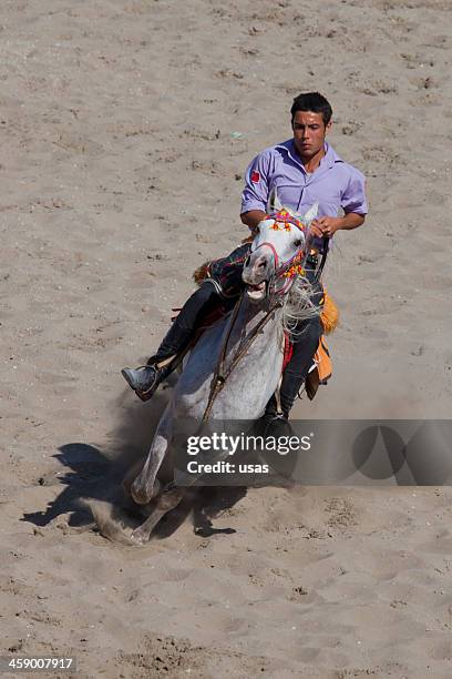 cirit player's man riding white horse - upperdeck view stock pictures, royalty-free photos & images