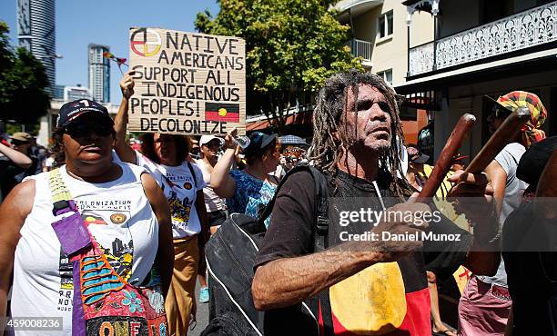 Man shouts slogans about aboriginal rights in Australia during a protest against G20 leaders on November 15, 2014 in Brisbane, Australia. World...