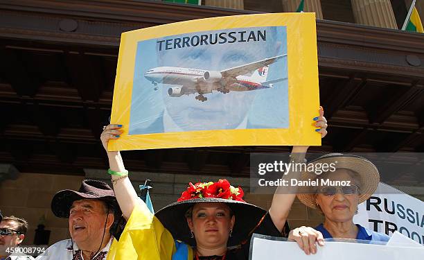 Woman holds banners against Russian President Vladimir Putin and the downing of flight MH17 in Ukraine during a protest against G20 leaders on...