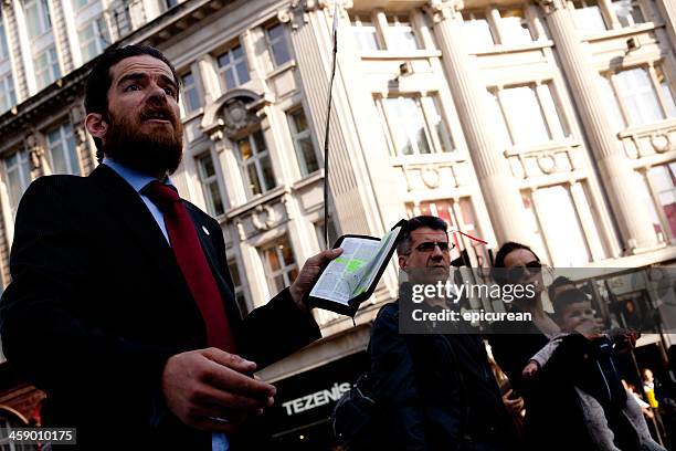 evangelical street preacher in london - fundamentalism stock pictures, royalty-free photos & images