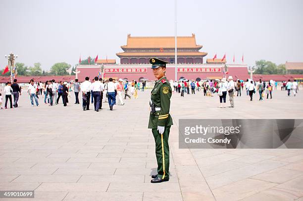 young chinese soldier portrait - tiananmen stock pictures, royalty-free photos & images