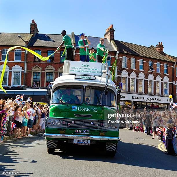 olympic torch relay - lloyds tsb vehicle - union jack ribbon stock pictures, royalty-free photos & images