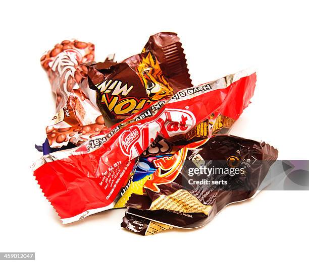 empty and crumpled candy bars - wrapping paper stock pictures, royalty-free photos & images