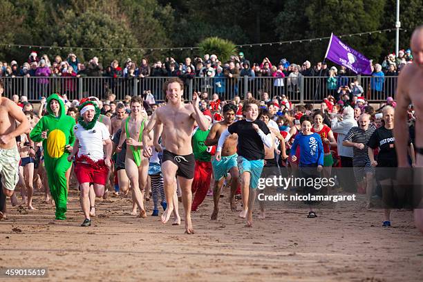 annual christmas day swim:  exmouth, devon, 2012 - nicolamargaret stock pictures, royalty-free photos & images