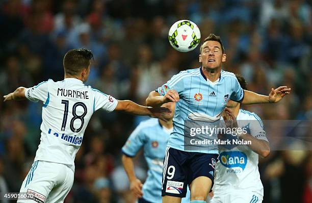 Shane Smeltz of Sydney contests possession during the round six A-League match between Sydney FC and Melbourne Victory at Allianz Stadium on November...