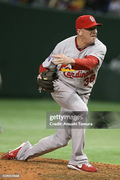 Randy Choate of the St. Louis Cardinals pitches in the sixth inning during the game three of Samurai Japan and MLB All Stars at Tokyo Dome on...