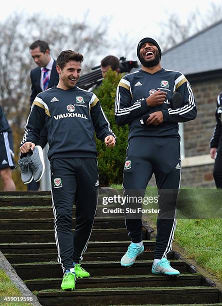 Wales captain Ashley Williams shares a joke with Joe Allen before Wales football training ahead of tomorrow's UEFA Euro 2016 qualifying match against...